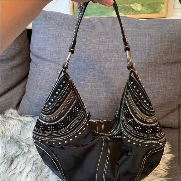 Coach signature suede leather canvas grommet black silver purse 2000s Y2K - Picture 6 of 16